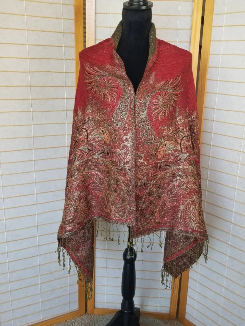 Wool Blanket Scarf Olive Green Brick Red Gold Metallic Threads Paisley Reverses